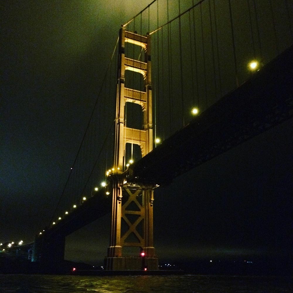 Sailing underneath the Golden Gate Bridge at night!